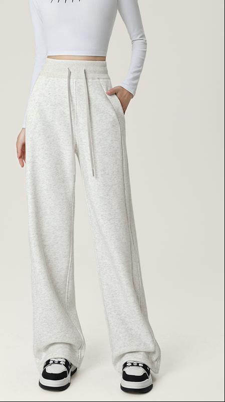 Women’s high-waisted wide-leg sweatpants, light gray, drawstring waist