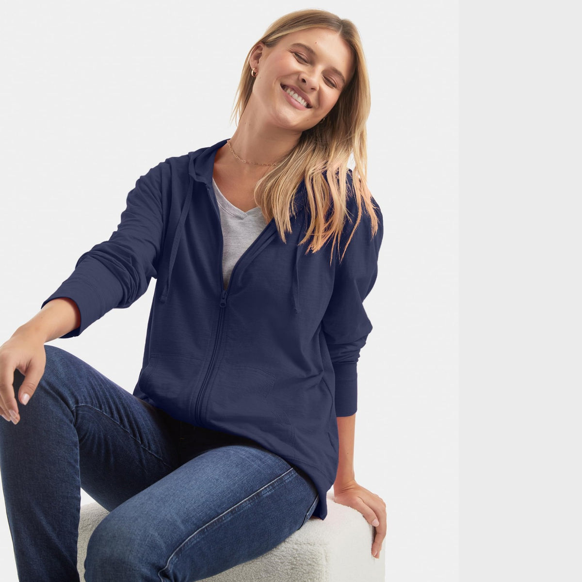 Navy blue plus-size zip-up hoodie sweatshirt with hood and front zipper