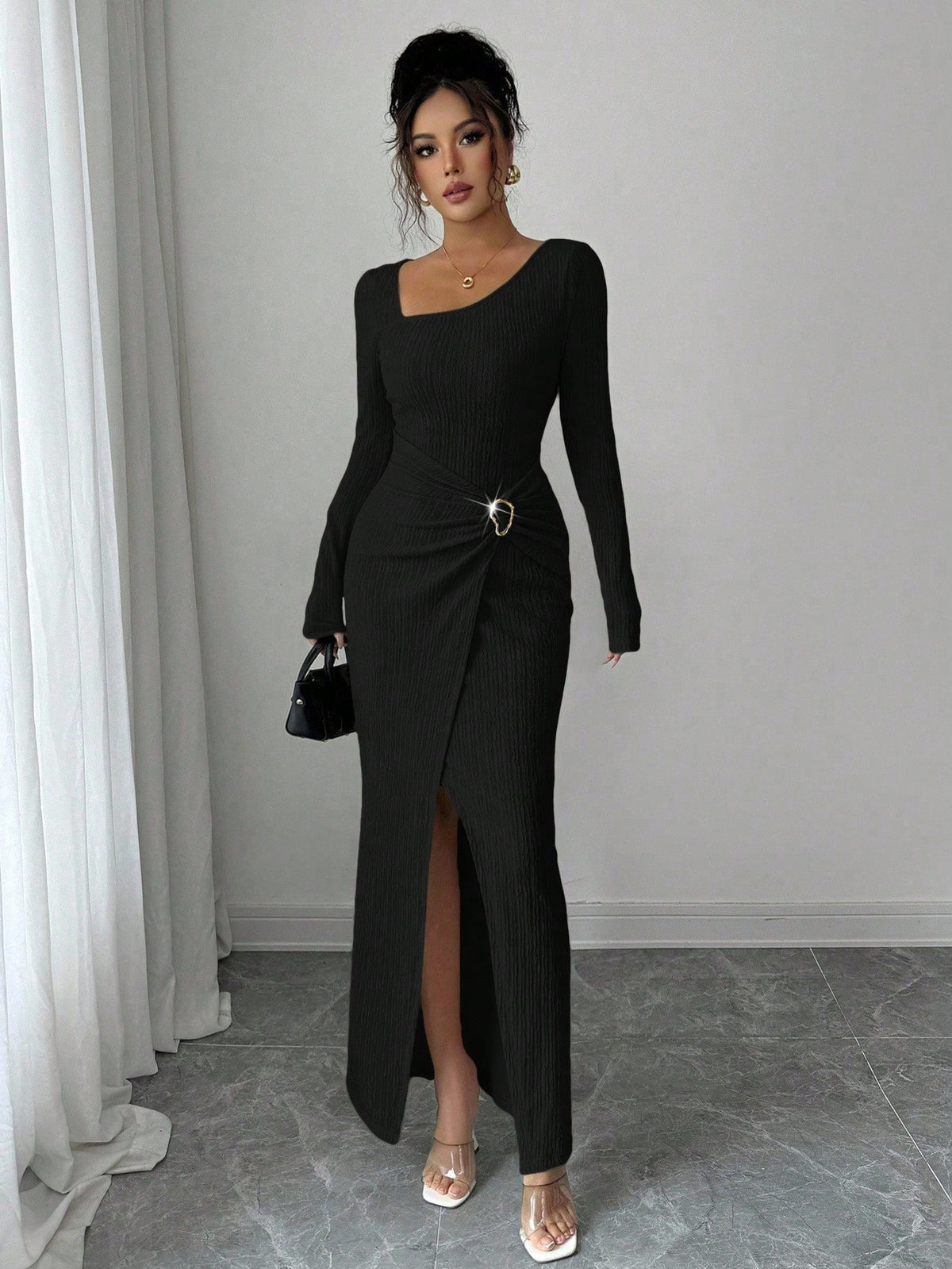 Black ribbed bodycon maxi dress with long sleeves, scoop neck, and high side slit