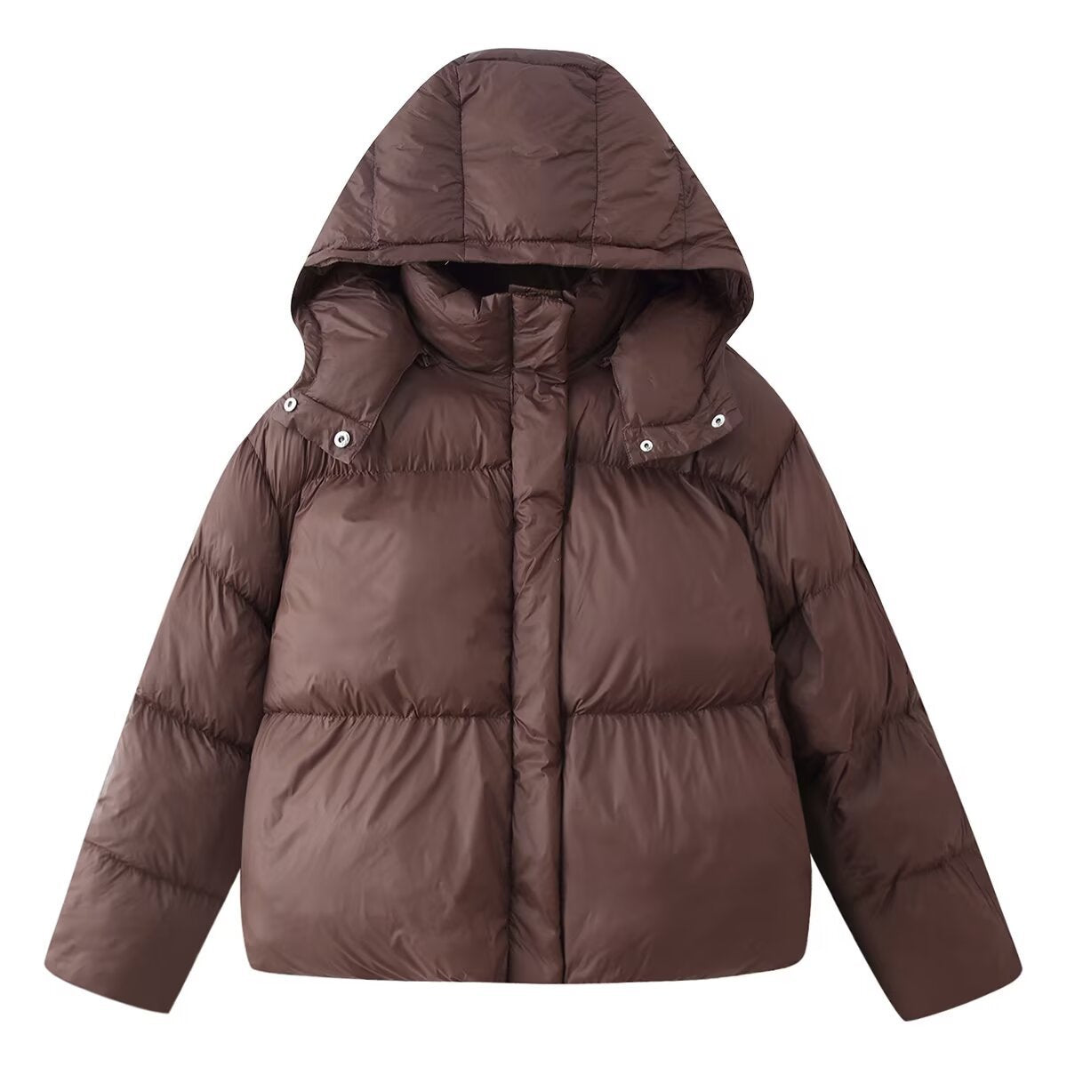 Brown quilted puffer jacket with adjustable hood and front zip, snap-detail chest