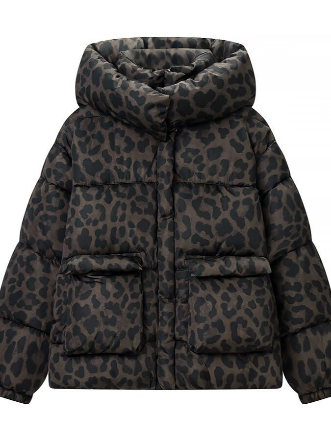 Leopard print hooded puffer jacket with full-length zipper, dark brown