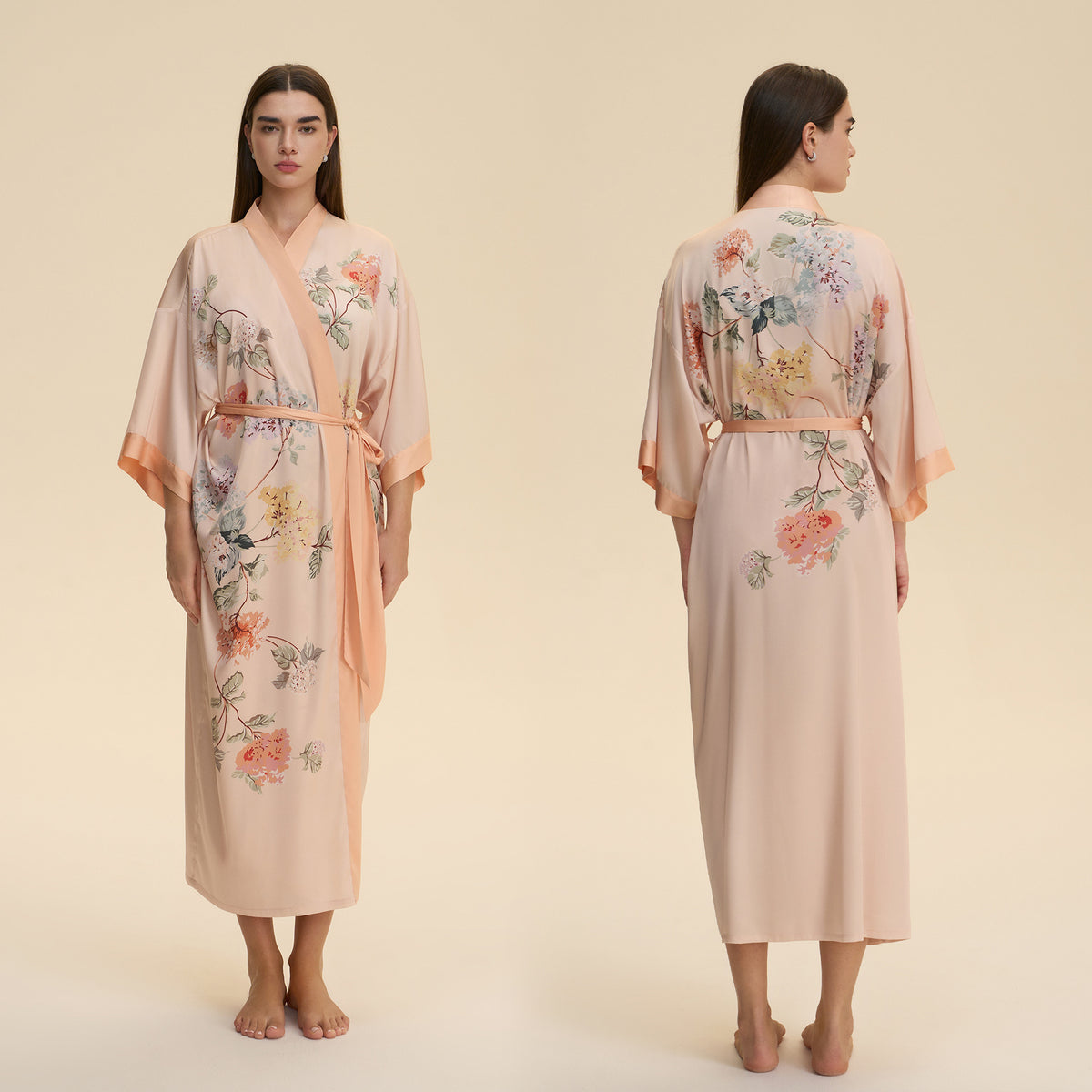 Blush satin long robe with multicolor floral embroidery, tied belt and kimono sleeves