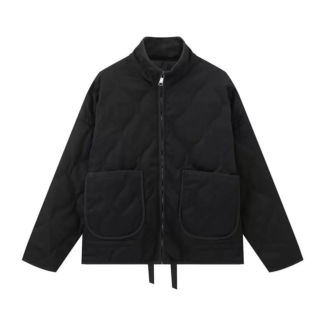 Black stand-up collar zip-front jacket with two front flap pockets.