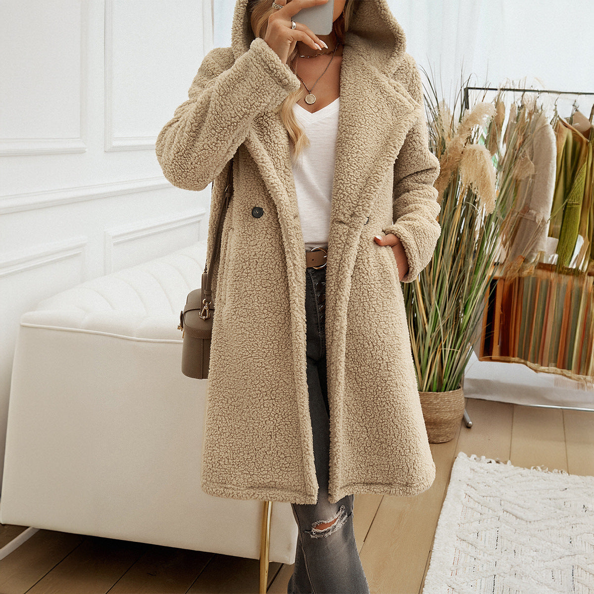 Women's hooded loose knit coat, beige textured fleece, long sleeves, front pockets