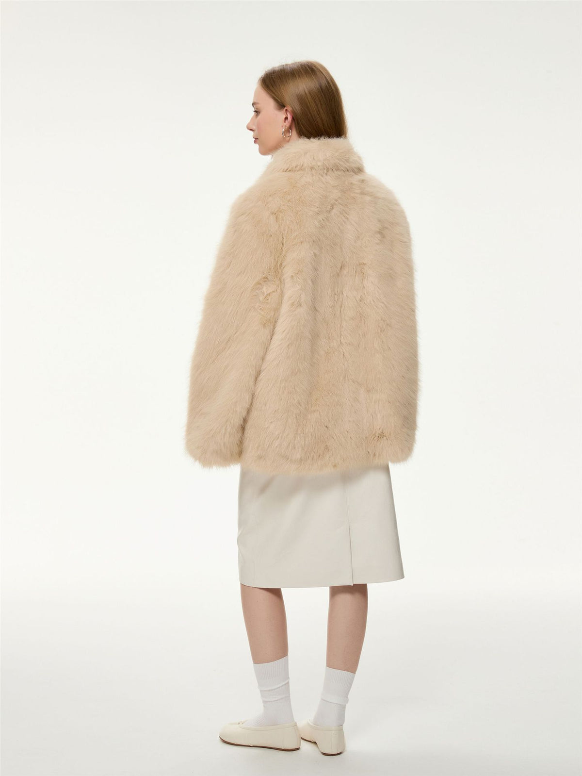 Cream faux fur coat back view with high fluffy collar and full sleeves