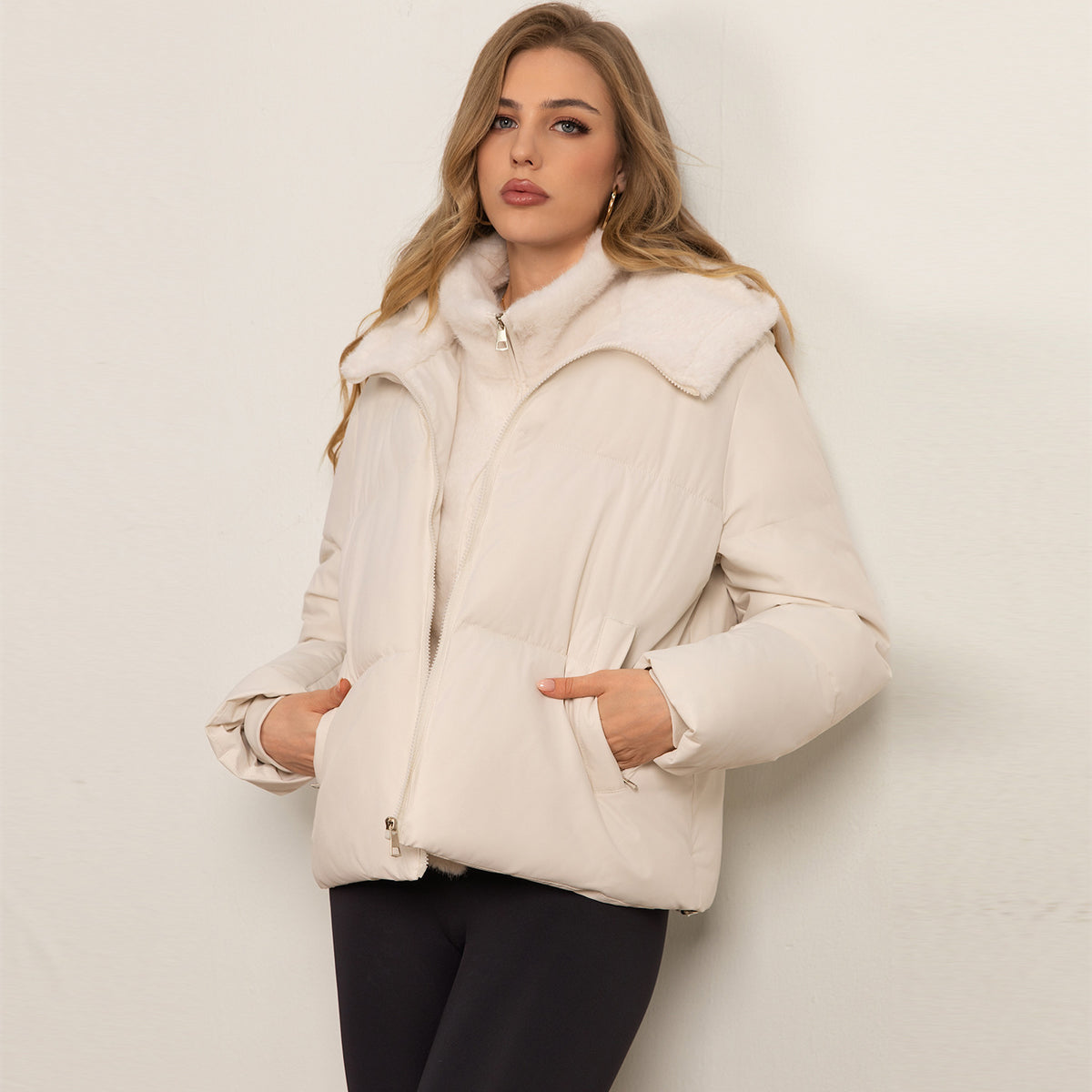 Puffer Jacket for Women — Short Quilted Zip Up with Faux Fur Collar in Warm Nylon