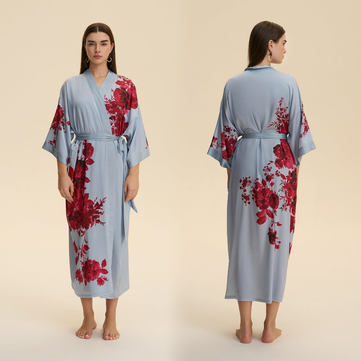 Sky blue satin robe with red floral print, V-neck, waist tie, back view