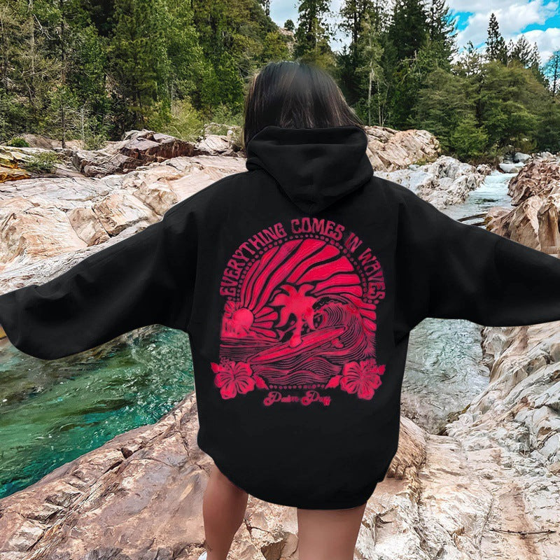 Surf Graphic Hoodie for Women — Oversized Back Print Pullover in Cotton Fleece