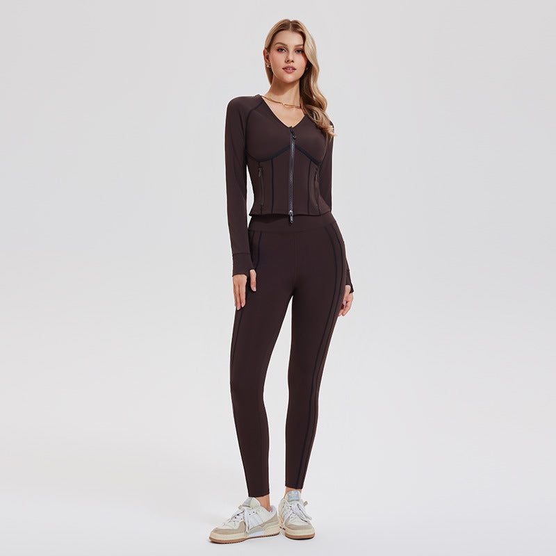 Dark brown yoga set with a cropped zip jacket and matching leggings