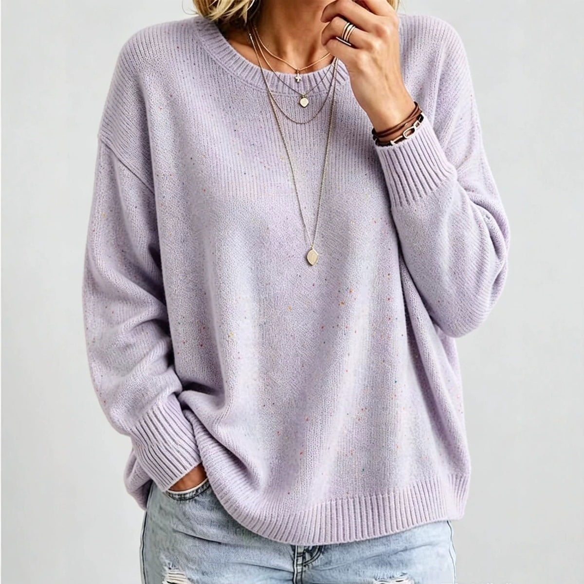 Lavender cropped knit pullover with crew neck and ribbed cuffs, oversized fit