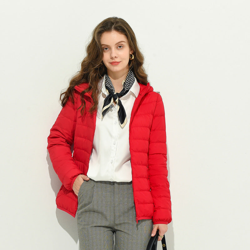 Women's lightweight down jacket, red, full-zip with stand collar and pockets