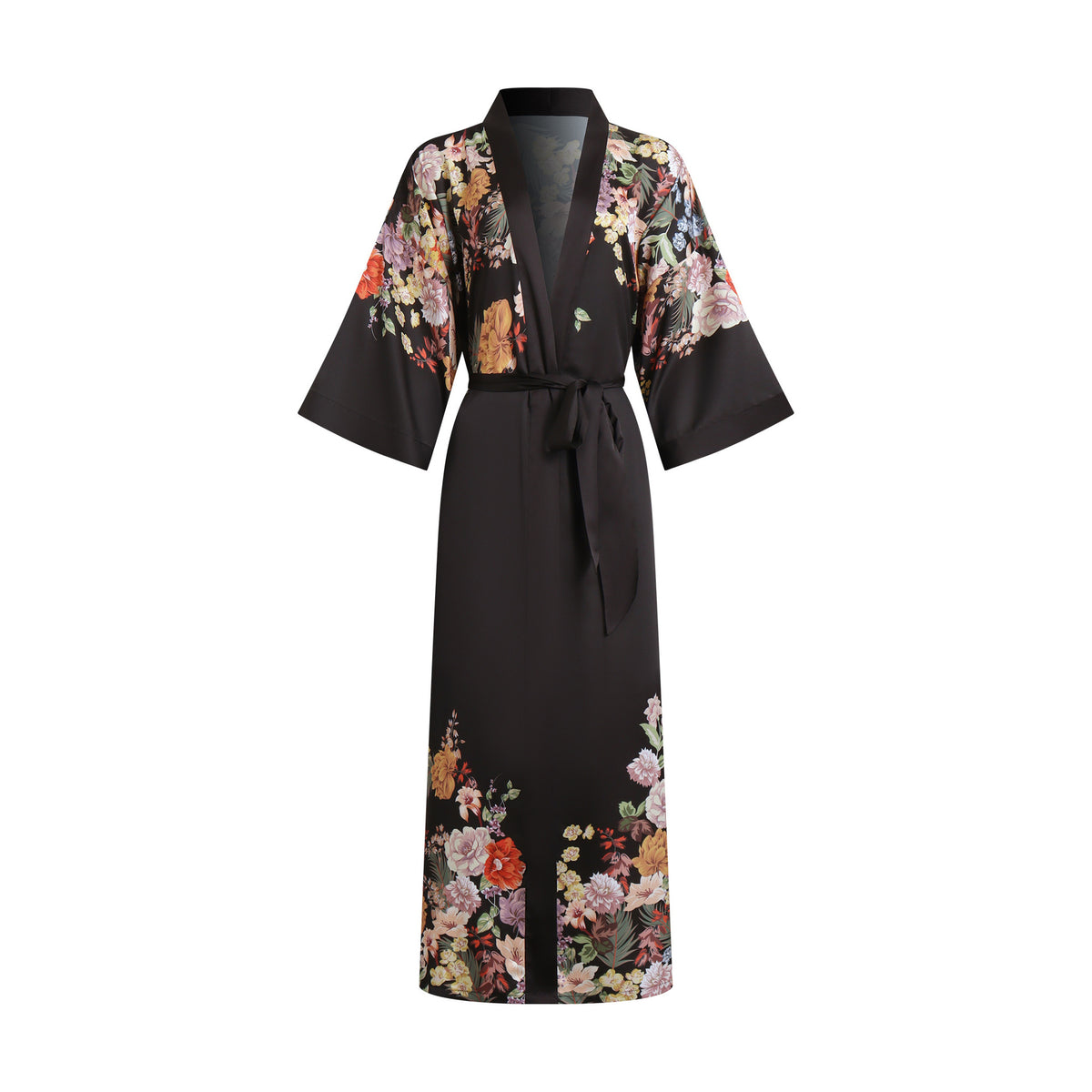 Black satin robe with multicolor floral panels, V-neck, waist tie, kimono sleeves