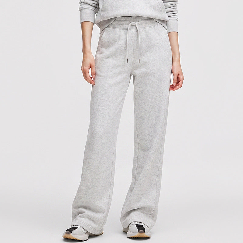 Fleece-lined wide-leg pants in light heather gray, mid-waist drawstring, relaxed fit
