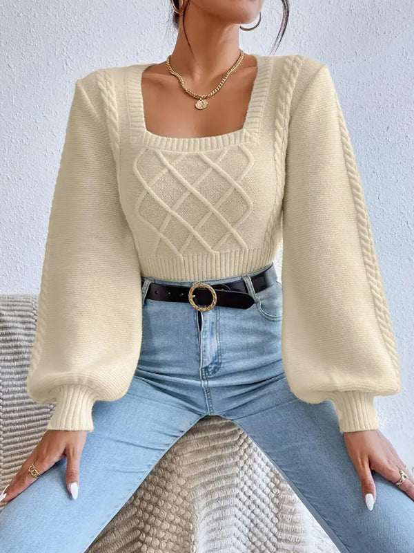Women's cream cable-knit sweater with square neckline and diamond knit panel