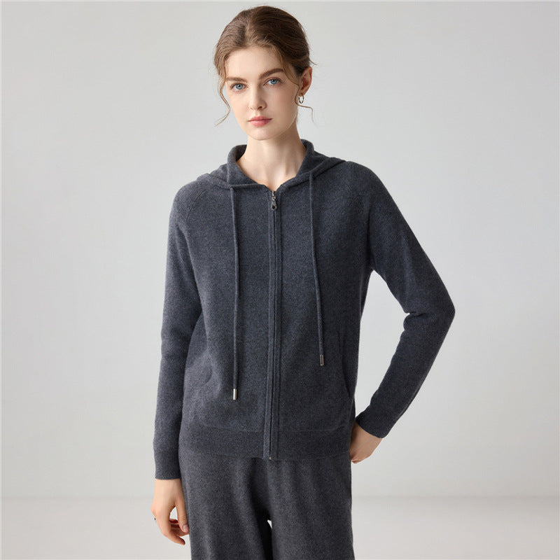 Dark gray hooded zip-up cashmere cardigan for women, long sleeves, front zipper closure