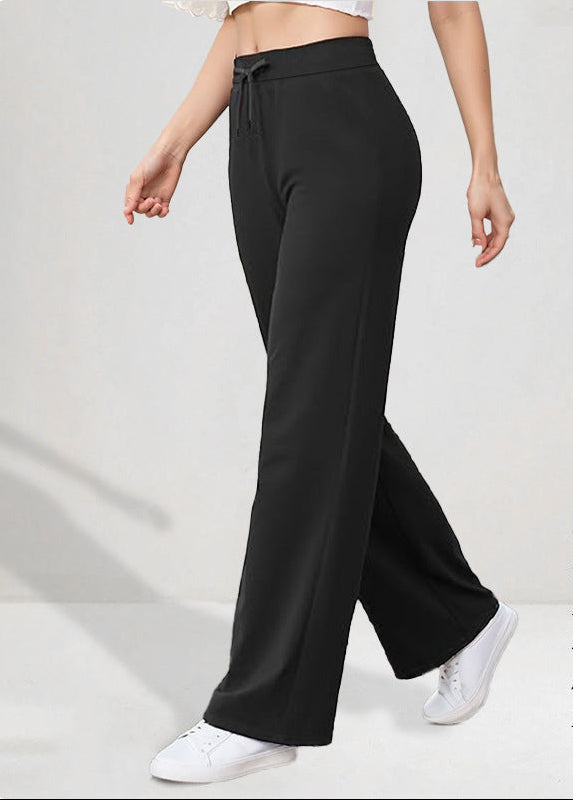 Black high-waist drawstring sports pants with wide-leg loose fit