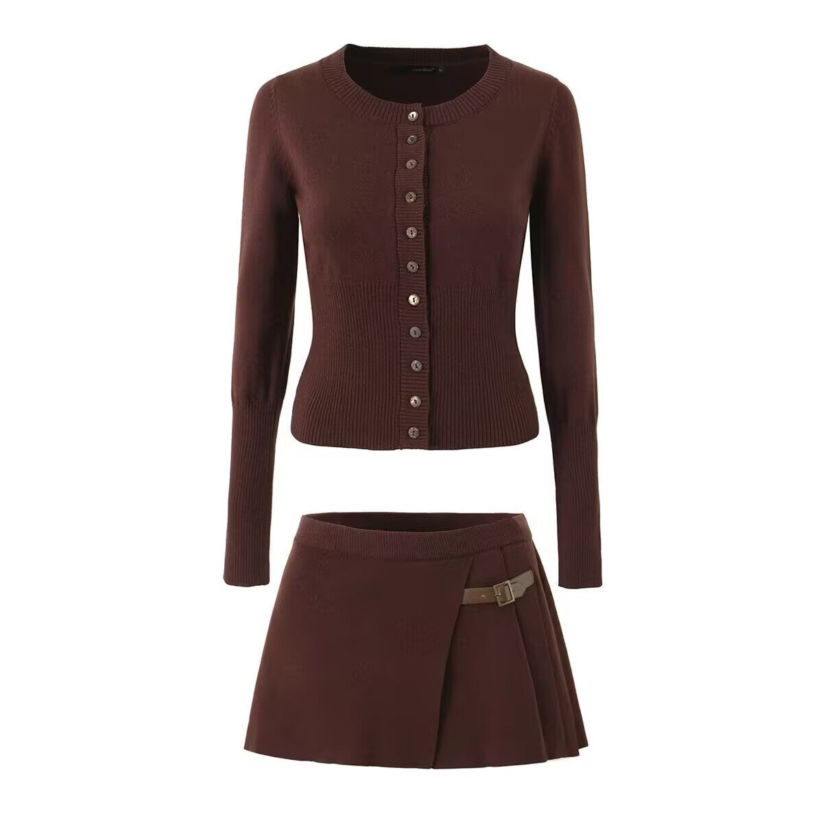 Brown fitted knit cardigan with button front and pleated mini skirt set
