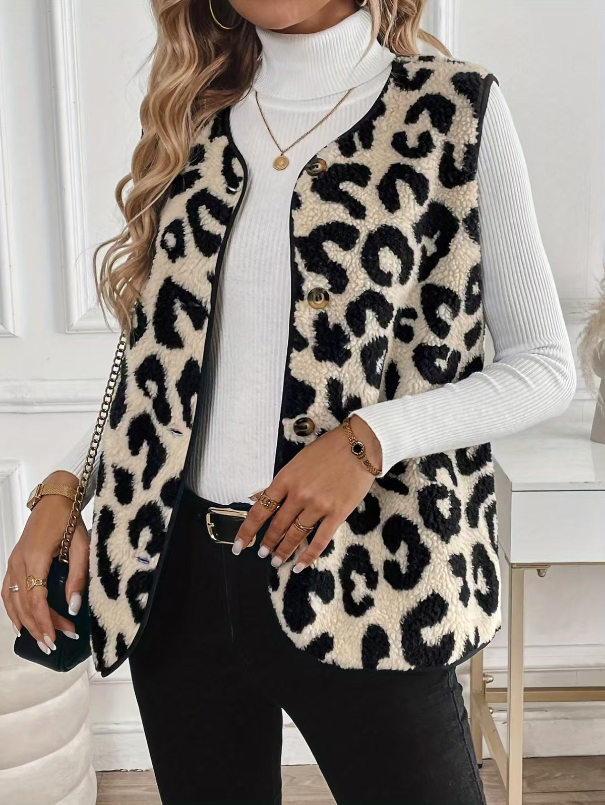 Leopard print plush button-up vest with sleeveless cardigan front, gold-tone buttons