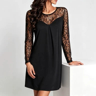 Long Sleeve Lace Dress — Swing Mini with Sheer Illusion Yoke in Viscose