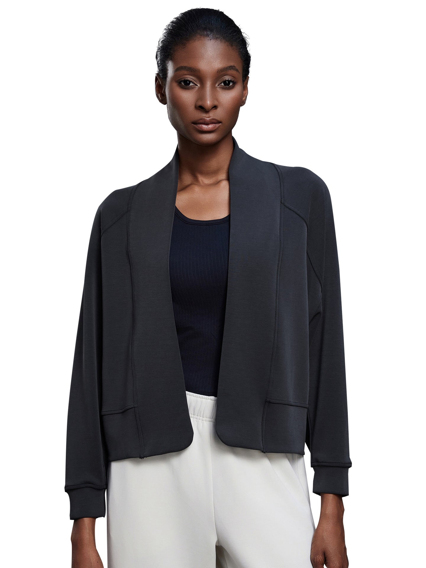 Women’s cropped shawl-collar cardigan in black, open front with pockets