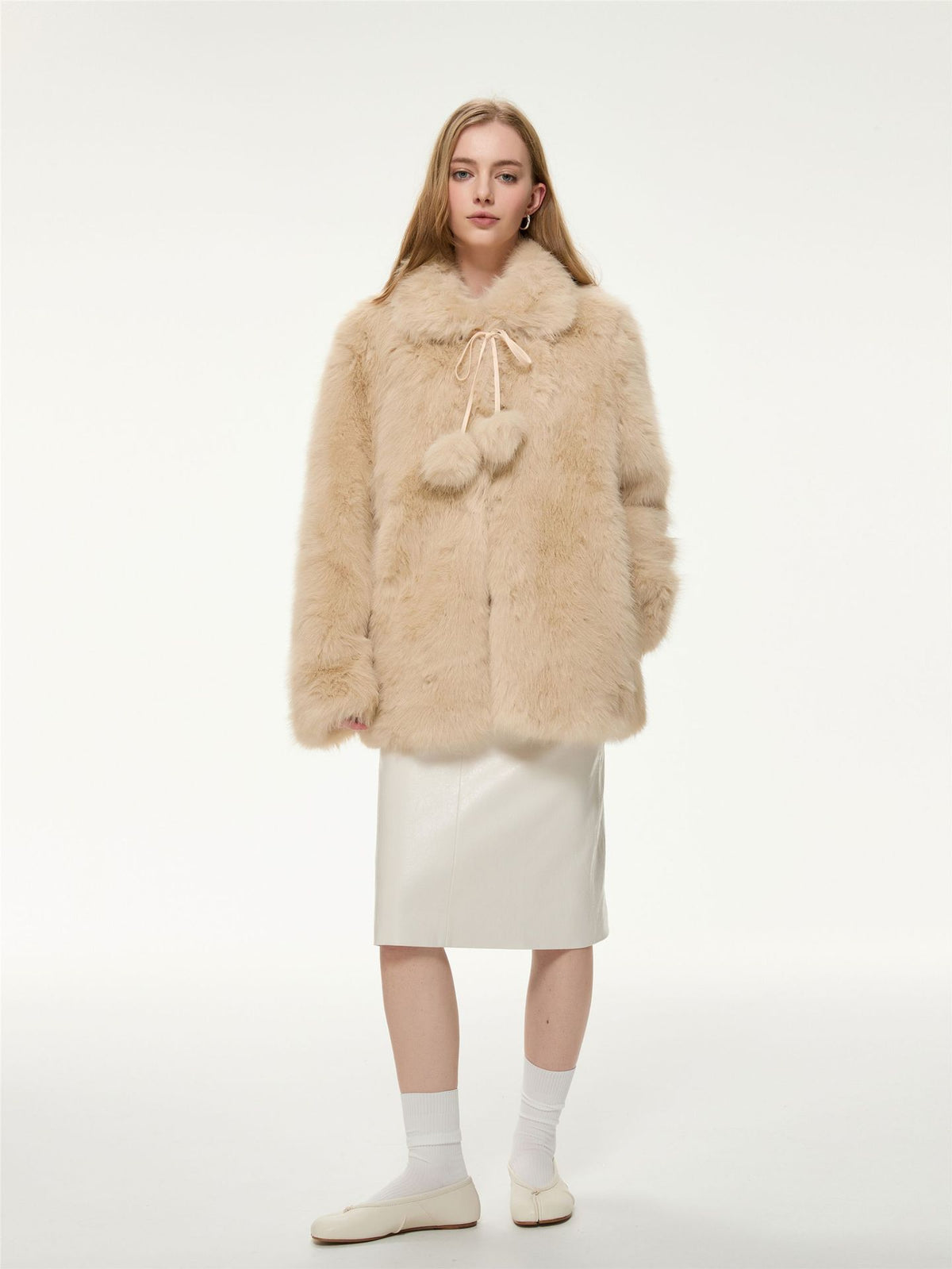 Cream faux fur coat with drawstring hood and pom-pom, cropped length