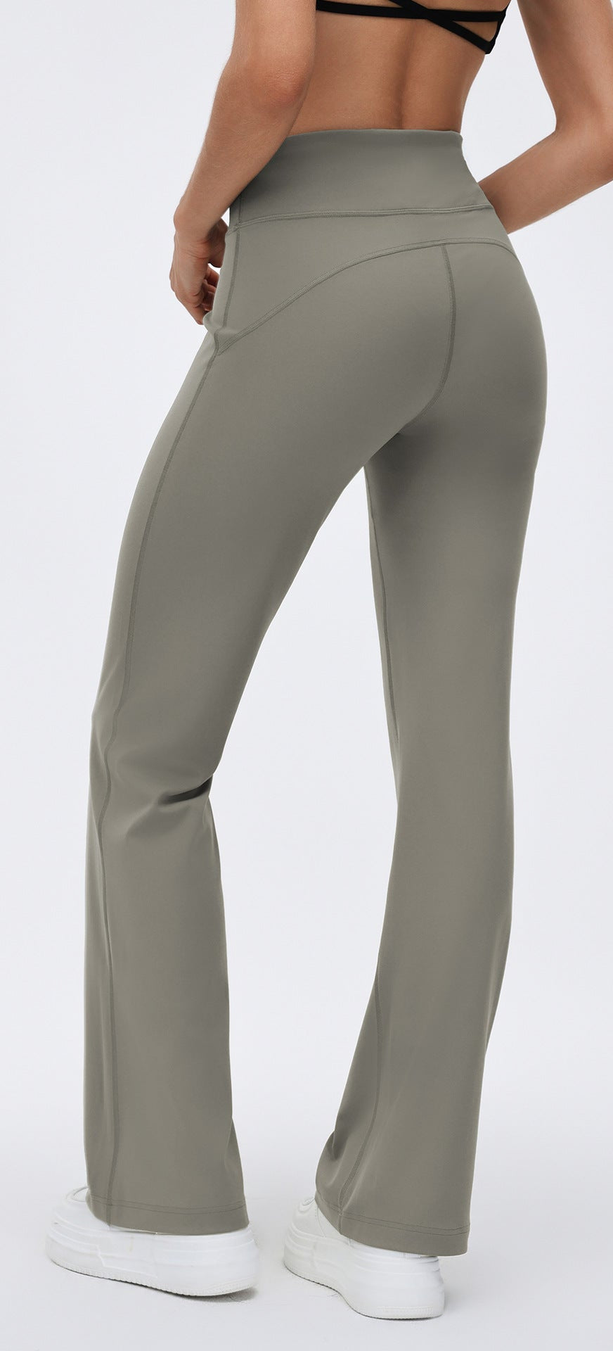 Sage gray high-waisted drawstring flared yoga pants with wide legs, athletic fit