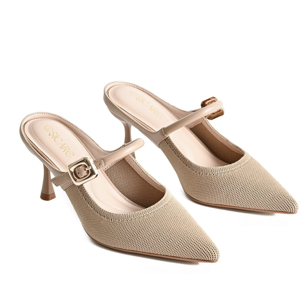 Apricot pointed-toe mule heels with single strap buckle and stiletto heel