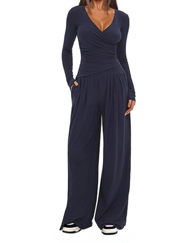 Women’s relaxed wide-leg pants with elastic waistband, dark navy drape