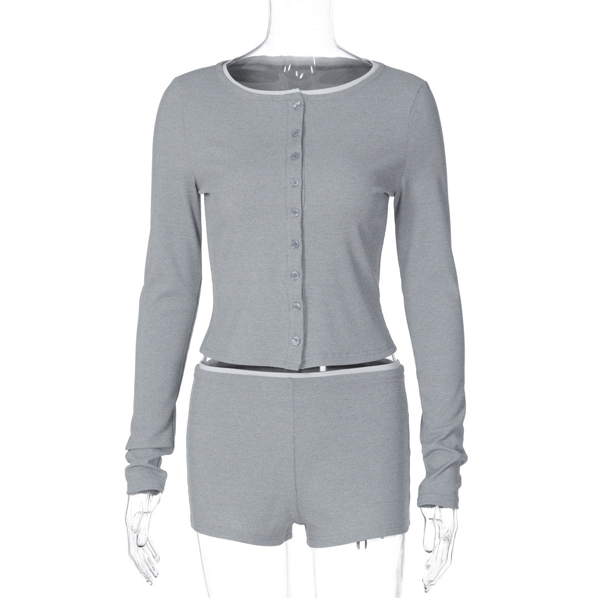 Women's gray button-front cardigan top with matching shorts, flat lay
