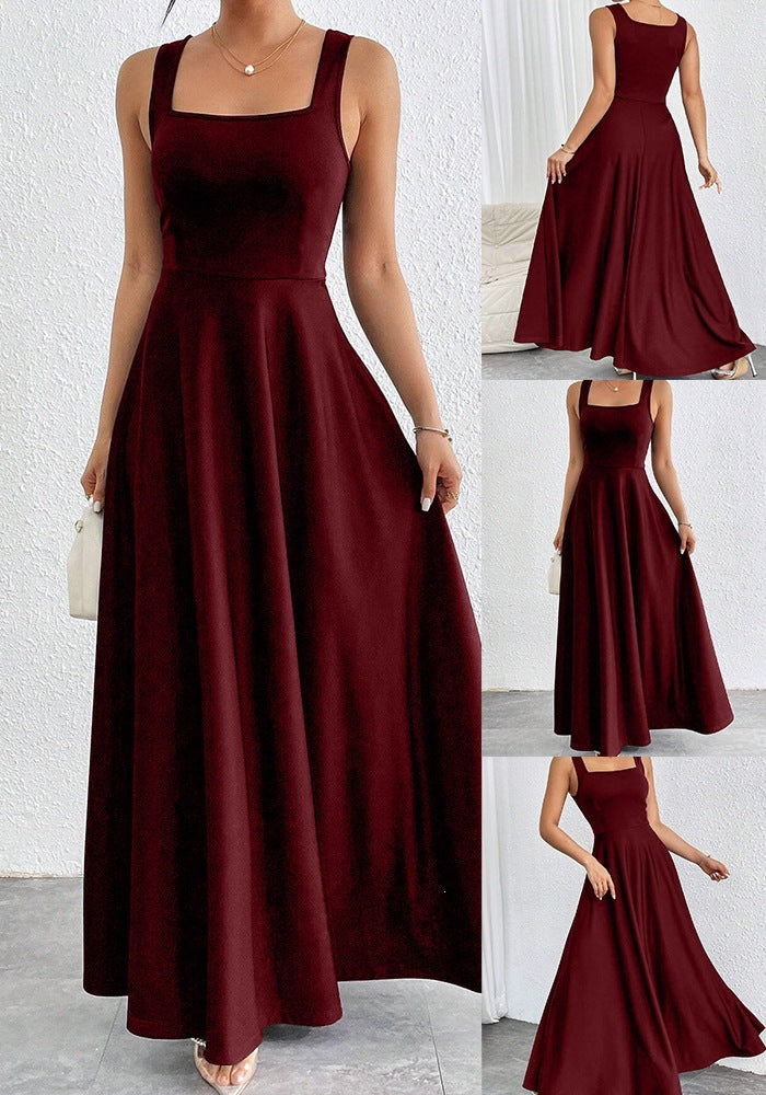 Women's square-neck sleeveless maxi dress in burgundy with gathered flared skirt