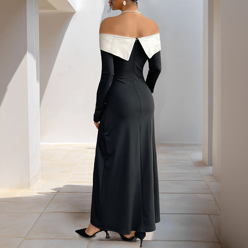 Off Shoulder Maxi Dress with Long Sleeves — Contrast Collar Side Slit Style in Crepe