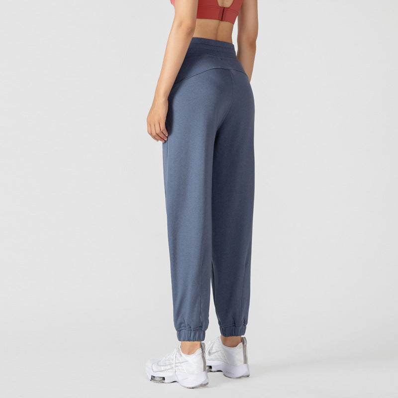 Blue-gray jogger pants shown from the back, with a high waist and elastic ankle cuffs