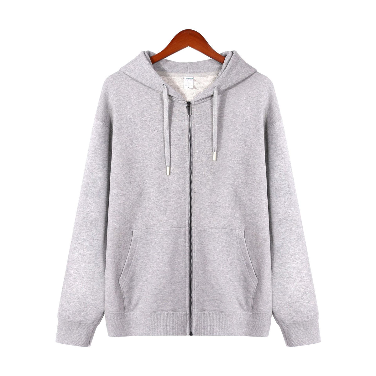 Women’s cashmere zip-up hoodie in light gray, brushed knit with hood and front pockets