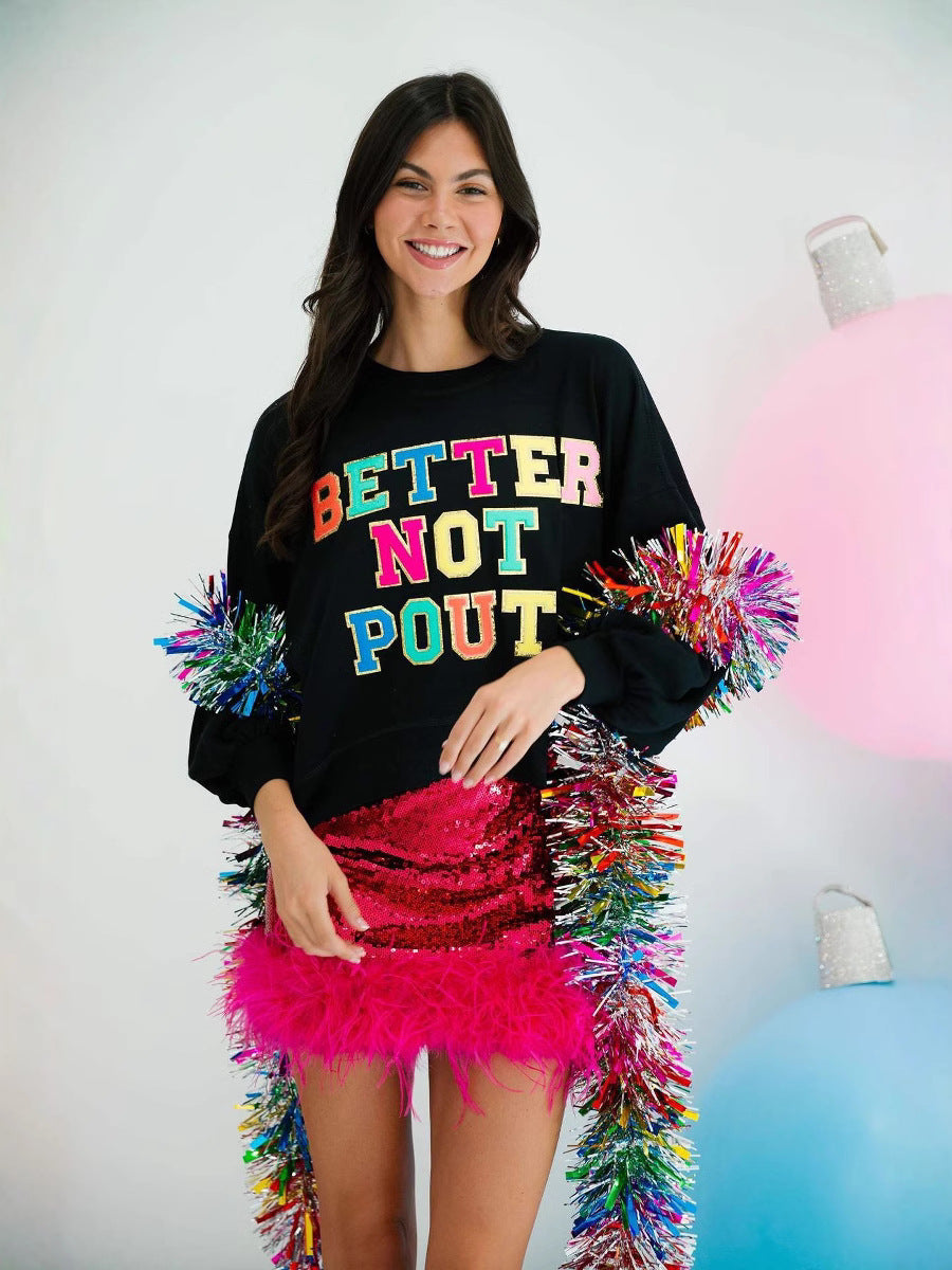 Black women's knitted pullover with multicolor "Better Not Pout" text and long sleeves