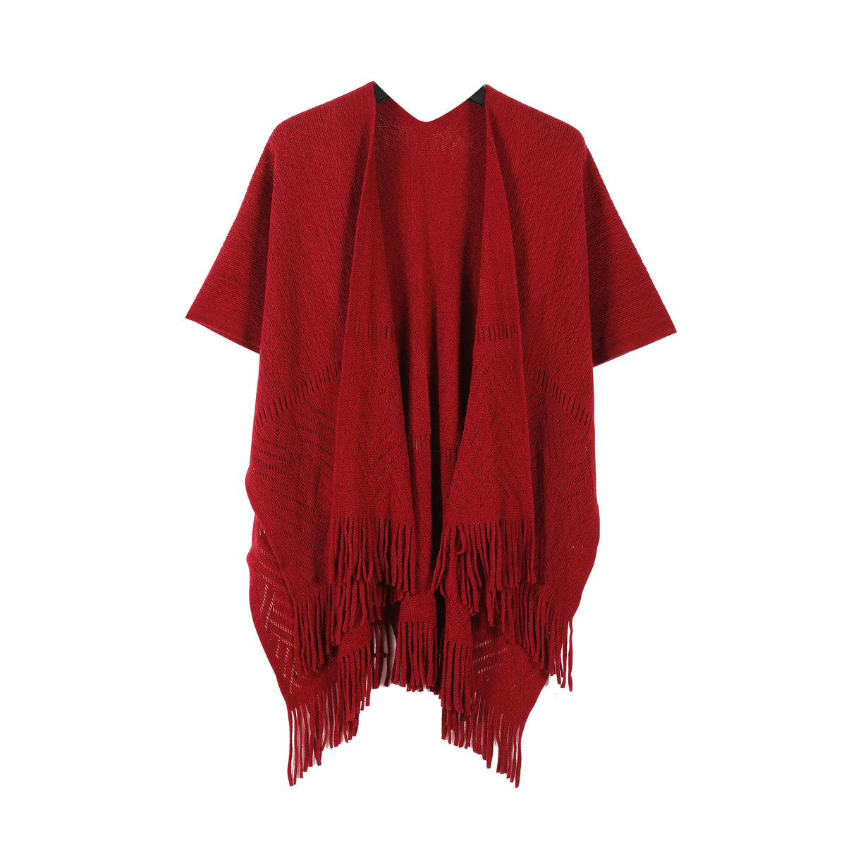 Dark red knitted shawl cape with openwork panels and long tassel fringe