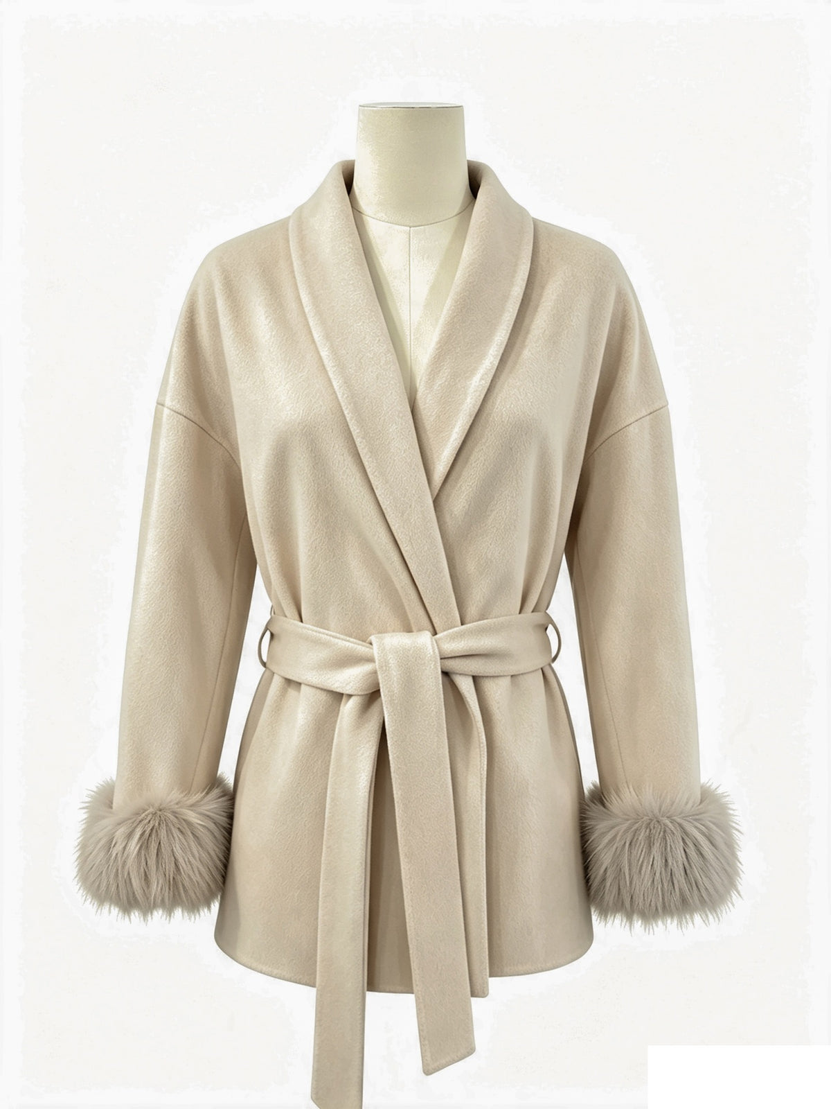 Beige wool wrap coat on mannequin with tie belt, turn-down collar, and faux fur sleeve cuffs.