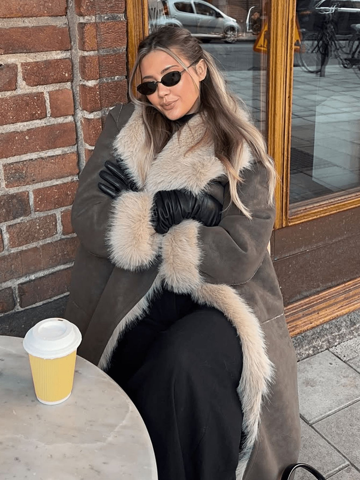 Shearling Coat for Women — Long Faux Suede with Oversized Faux Fur Collar and Cuffs