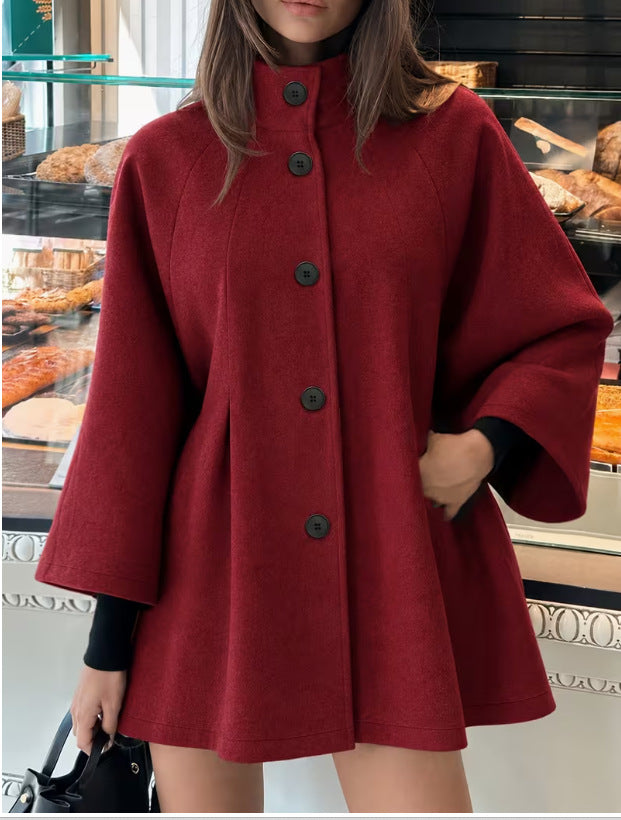 Women’s wine red wool coat with stand-up collar, button front, A-line hem, loose fit