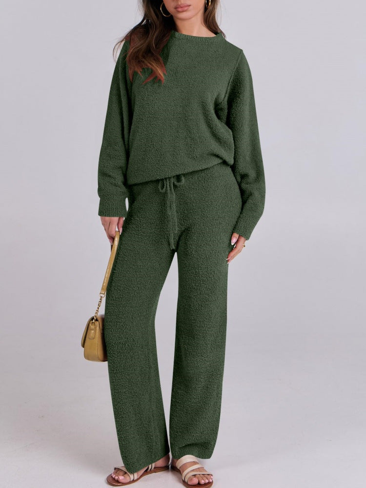 Green knit lounge set with long sleeves, round neck top, and drawstring wide-leg pants