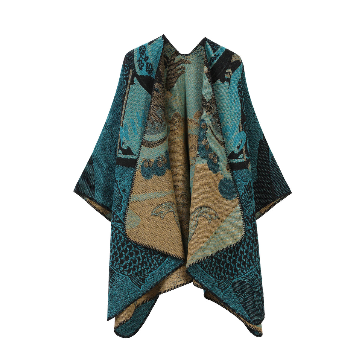 Women’s patterned split cape shawl in teal and gold with paisley and fish motifs