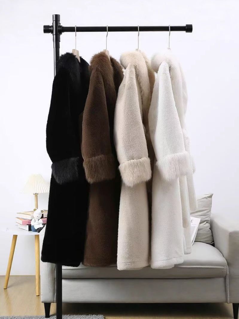 Faux fur-trimmed long belted trench coats on display, black, brown, cream shades
