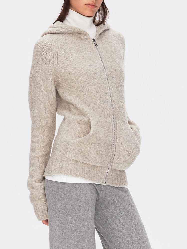 Women’s beige zip-front knit hoodie sweater with hood and kangaroo-style front pocket