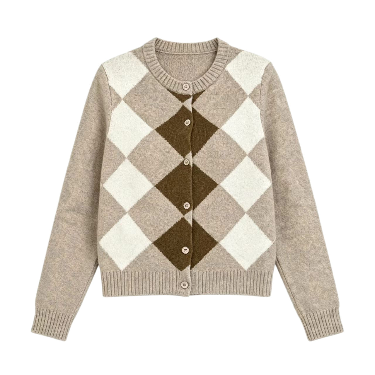 Argyle Cardigan for Women — Button Front Diamond Knit Preppy Style in Soft Wool