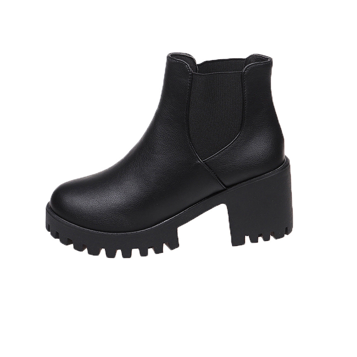 Black women's Chelsea ankle boots with thick tread sole and elastic side panels