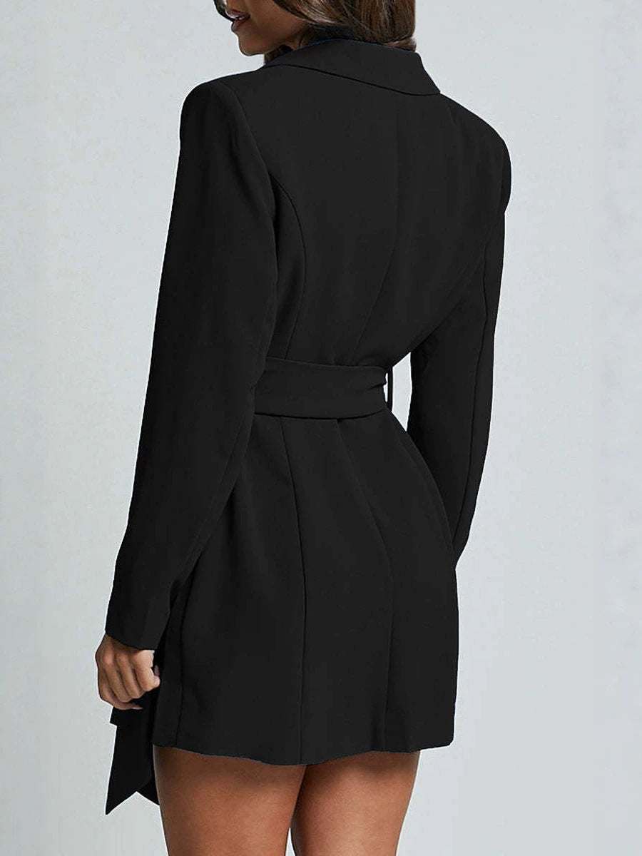 Women's black belted blazer dress back view, long sleeves, waist belt