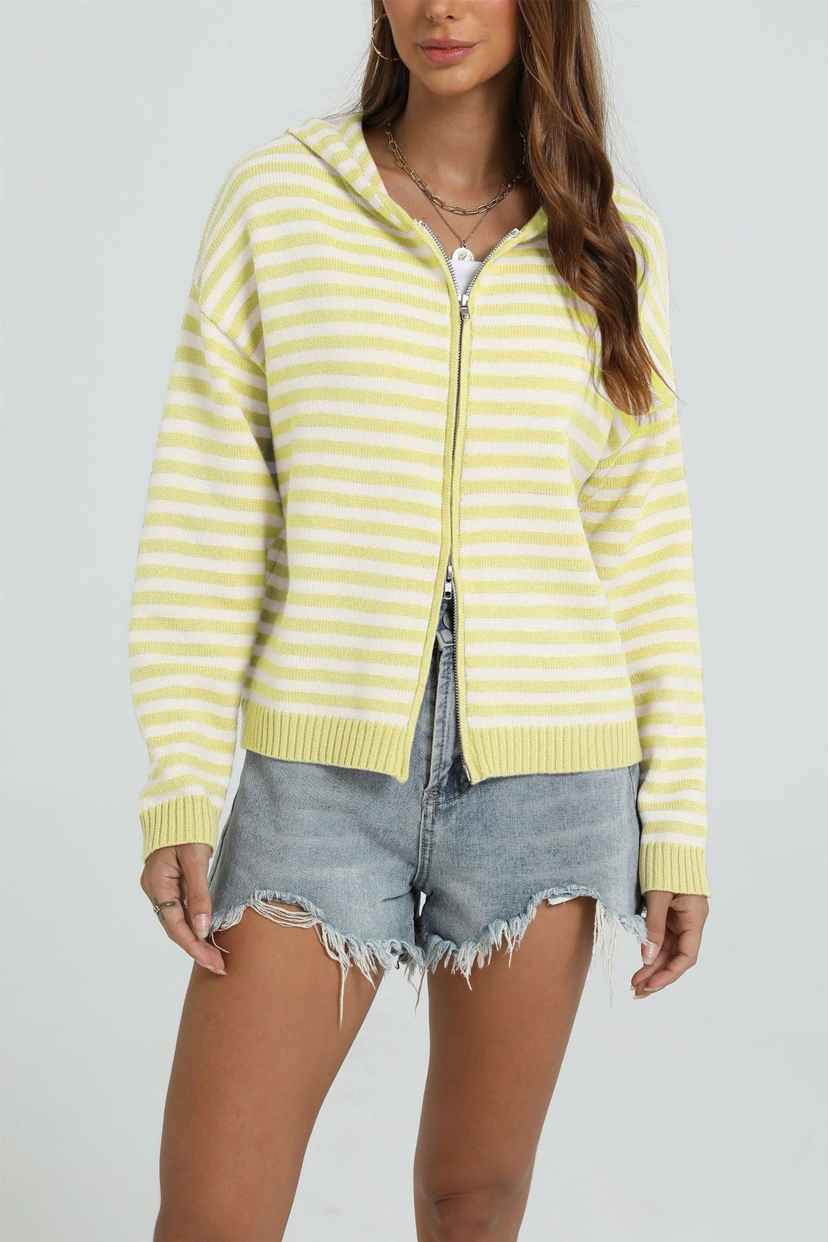 Yellow-and-white striped hooded knit zip cardigan with ribbed cuffs