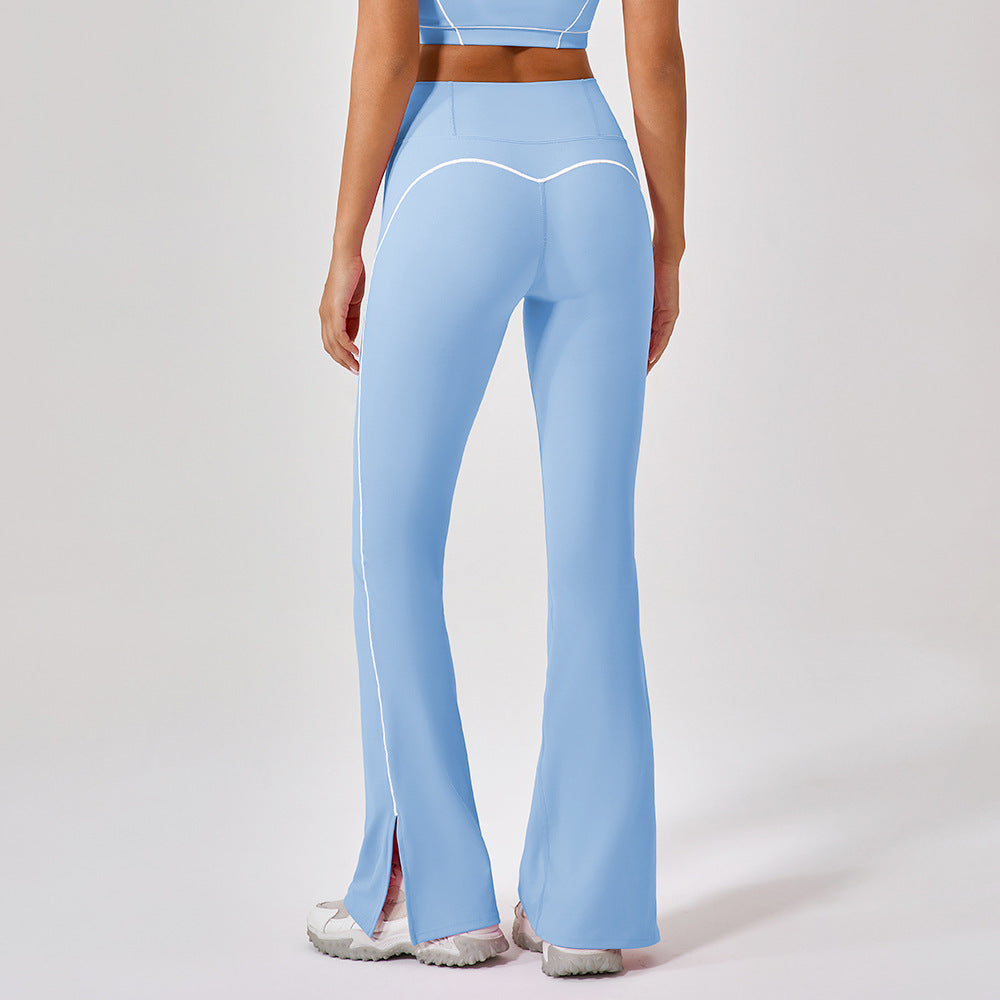 High-waist yoga bell pants, light blue with side slit and contrast piping