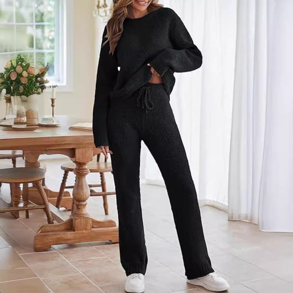 Women's black knit lounge set, long sleeves and drawstring straight pants