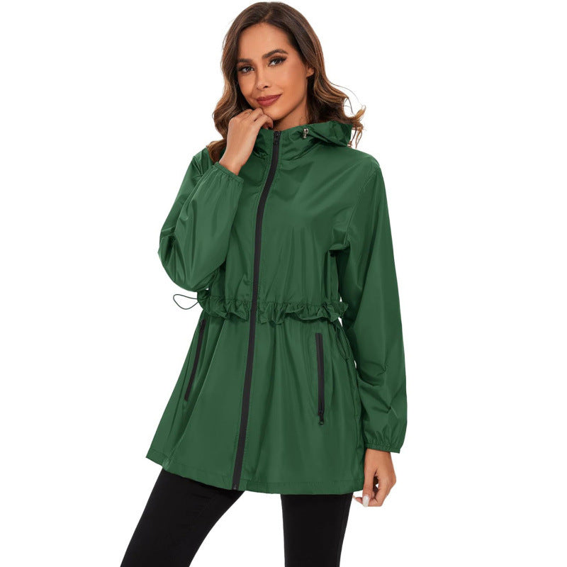 Dark green lightweight hooded windbreaker jacket with full-zip front and drawstring waist
