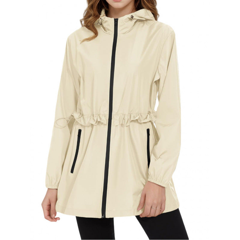 Cream lightweight hooded windbreaker jacket with full-zip front, drawstring waist, side pockets